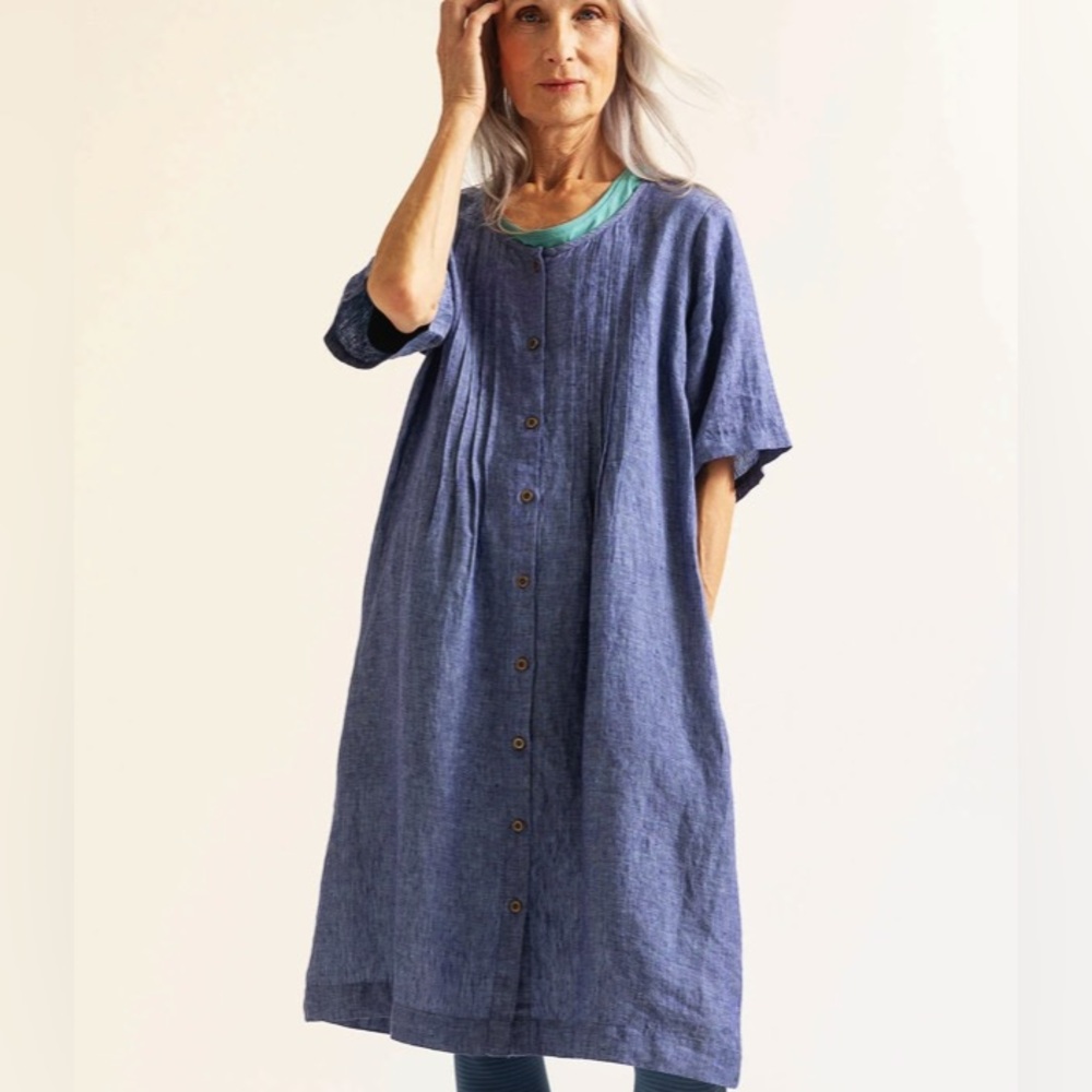 Gudrun Sjoden Seraj Linen Woven Dress in Blue Size Large